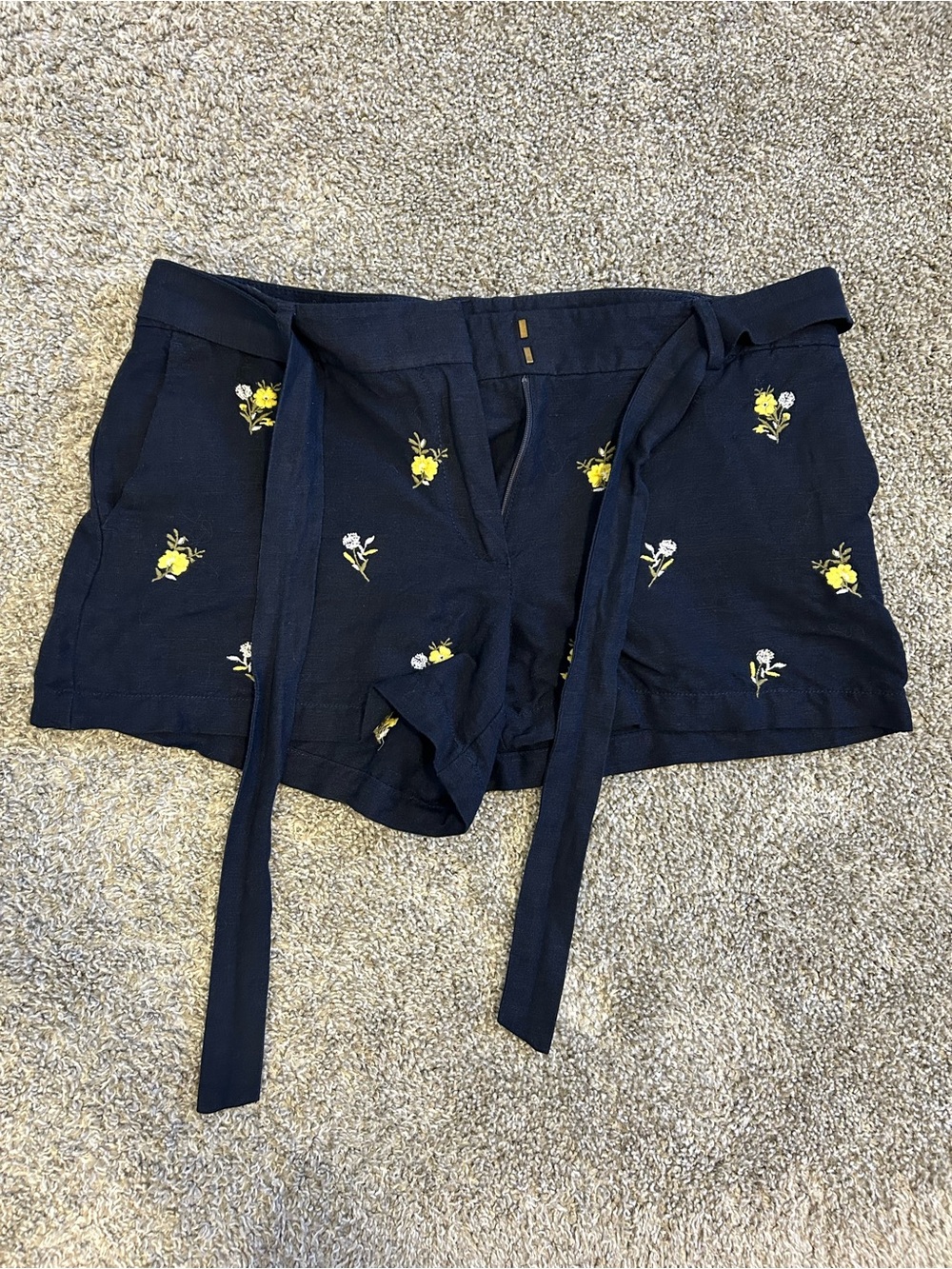 Loft Floral Embroidered Tie-Waist Linen Blend Shorts